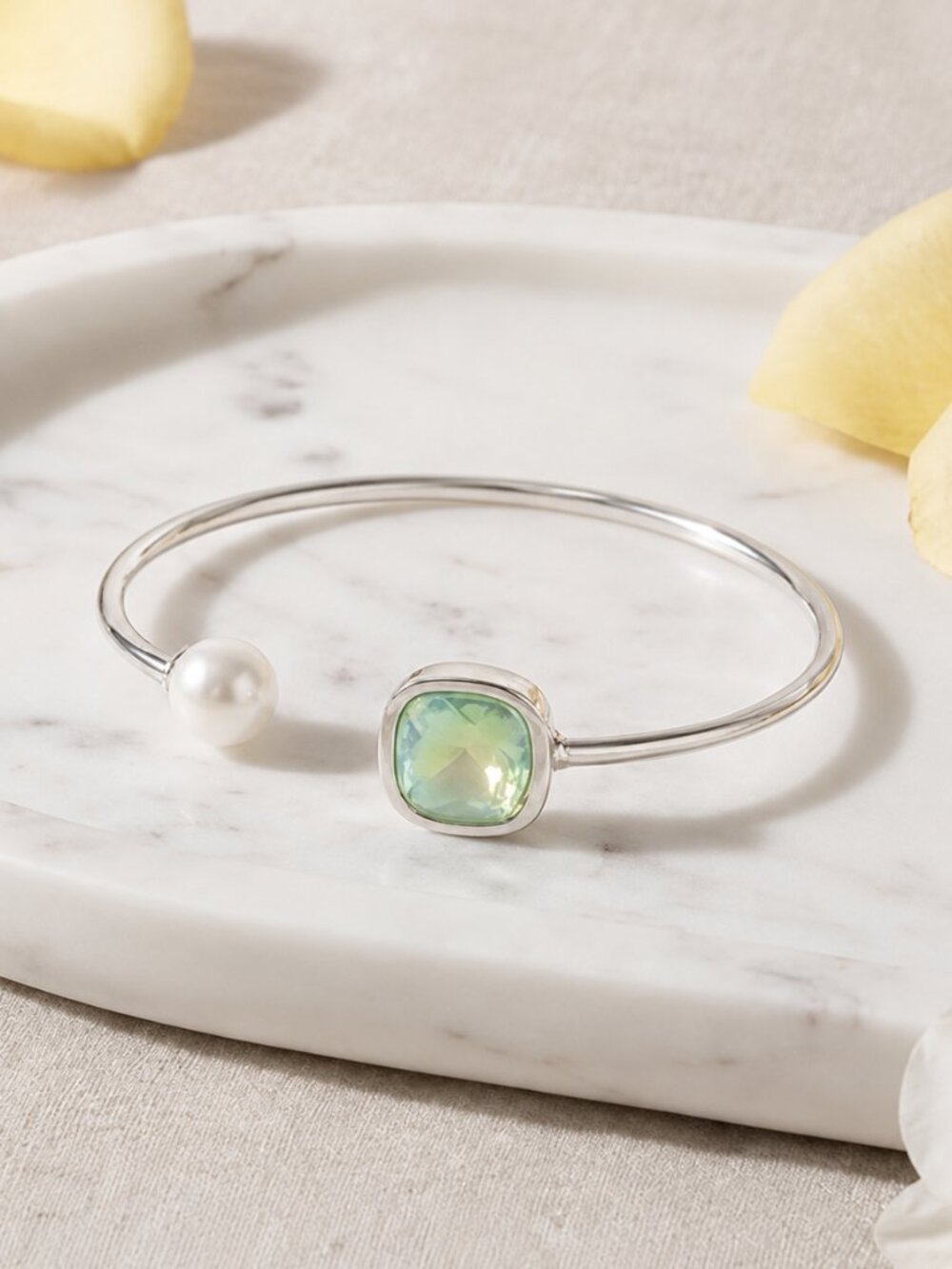 Green Crystal Pearl 18K White Gold Plated Stainless Steel Cuff Bracelet Set - Picture 13 of 13